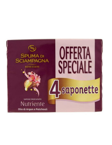 SPUMA DI SCIAMPAGNA SAPONE PROFUMATO OLIO DI ARGAN E PATCHOULI NUTRIENTE 90 GRAMMI x4pz