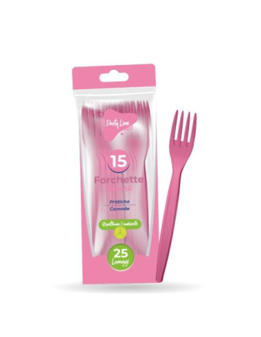 Forchette in plastica riutilizzabile colore rosa - la confezione comprende 15 forchette