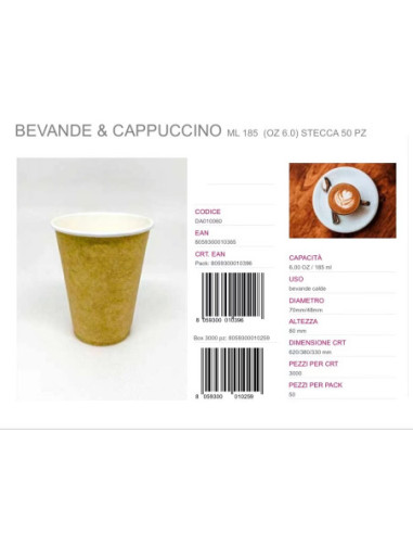 cappuccino 185ml bicchieri in carta 50pz