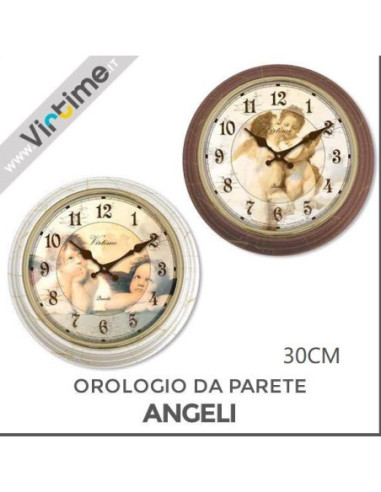 Orologio da parete tondo. Cassa in ABS effetto legno anticato in 2 colori: Bianco e Noce. Quadrante “Angeli” in 2 design. 30CM